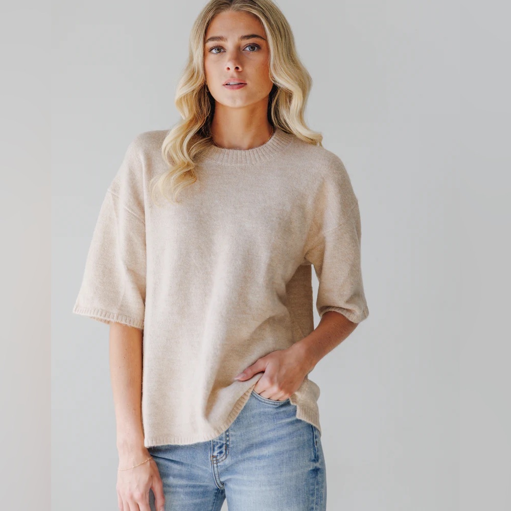 Free People Margot SoftSpun Sweater Tee in Pearl Melange Beige Size XL